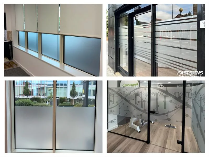 A collage of frosted glass windows and graphics on different office rooms.